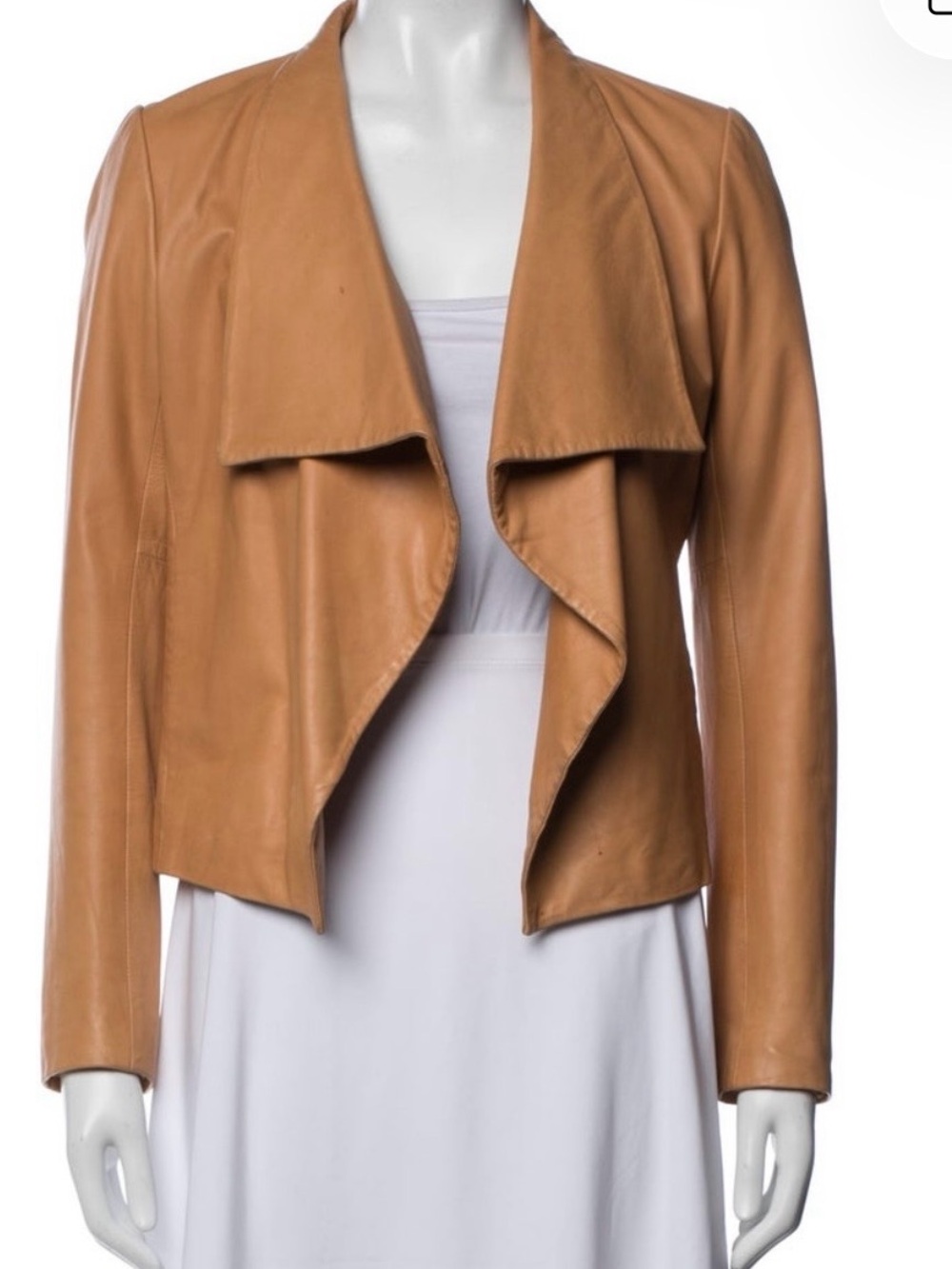 Theory Tan Leather Draped Open Front Jacket Size S/P